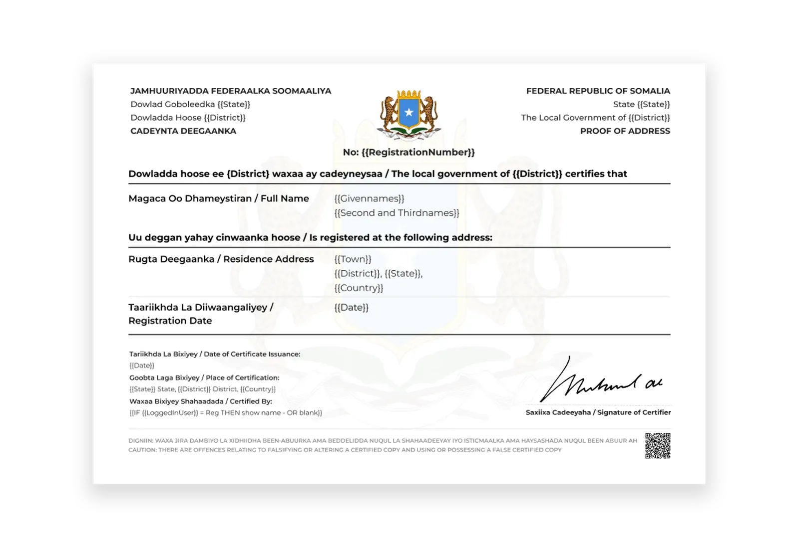 Residence Registration will provide Somalia's citizens with official proof of address.