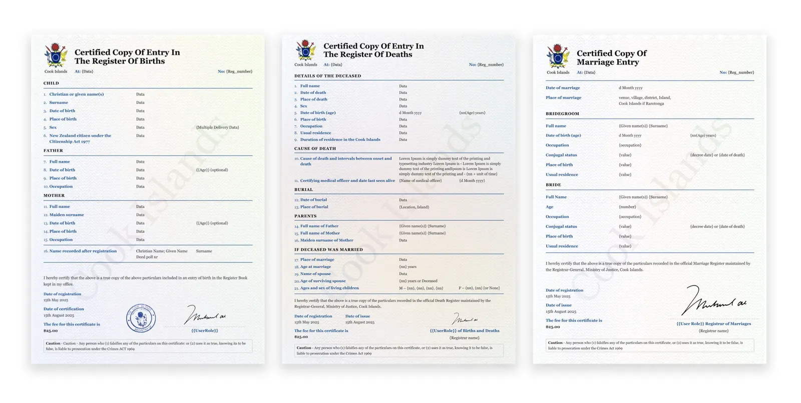 Copies of birth, death and marriage certificates co-designed with Registry Services (photo courtesy: Ministry of Justice, Cook Islands).