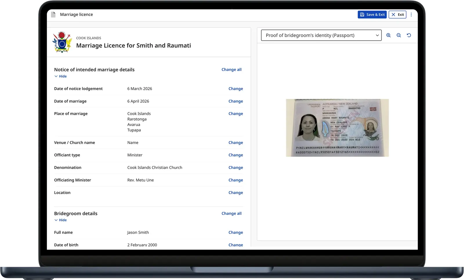 Review page of a marriage licence digital record.